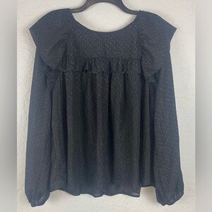 Entro Black with Gold Polka Dot Round Neck Ruffle Long Sleeve Tunic Top Size Lg